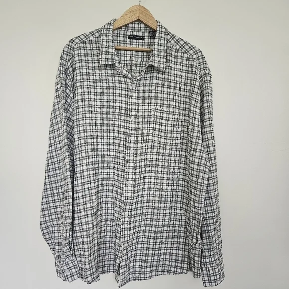 Saks Fifth Avenue Men's Linen Blend Black White Plaid Button Down Shirt Size XXL - Picture 2 of 9